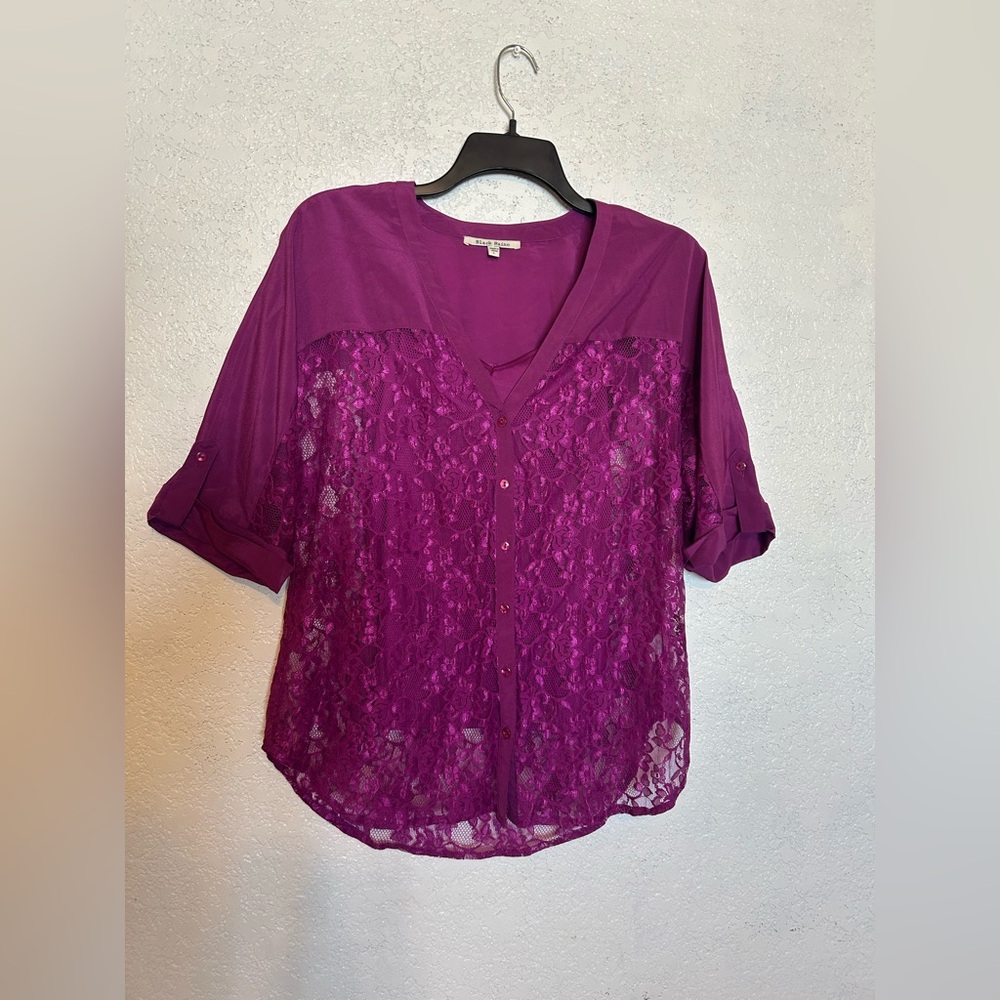 Women’s Purple 2 Pieces Lace Top Black Rainn Size Large 3/4 Sleeve Button Up Top